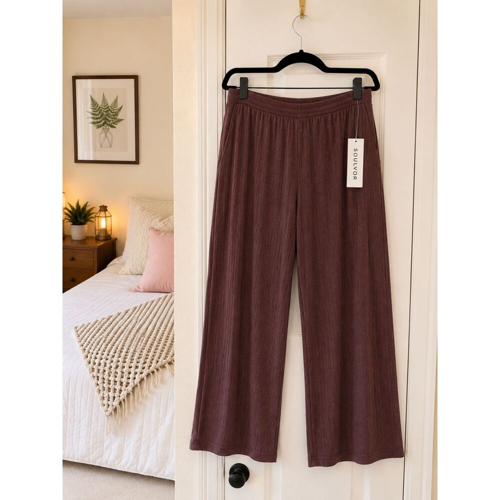SOULVOR Natrelax Modal Ribbed Wide Leg Pants Hazelnut Large NWT